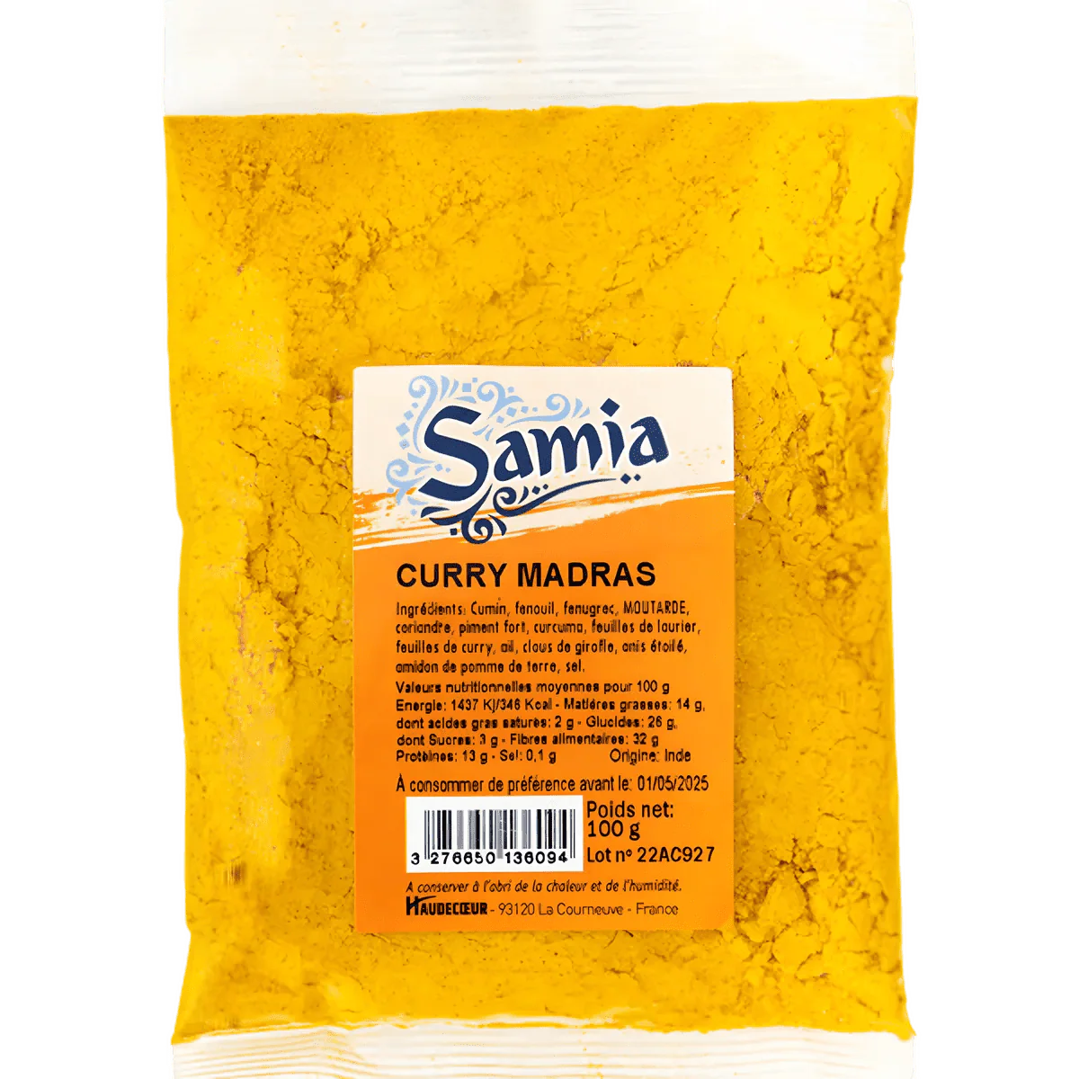 Bolsa de curry Madras SAMIA 100g. Especias amarillas en polvo, etiqueta con logo.