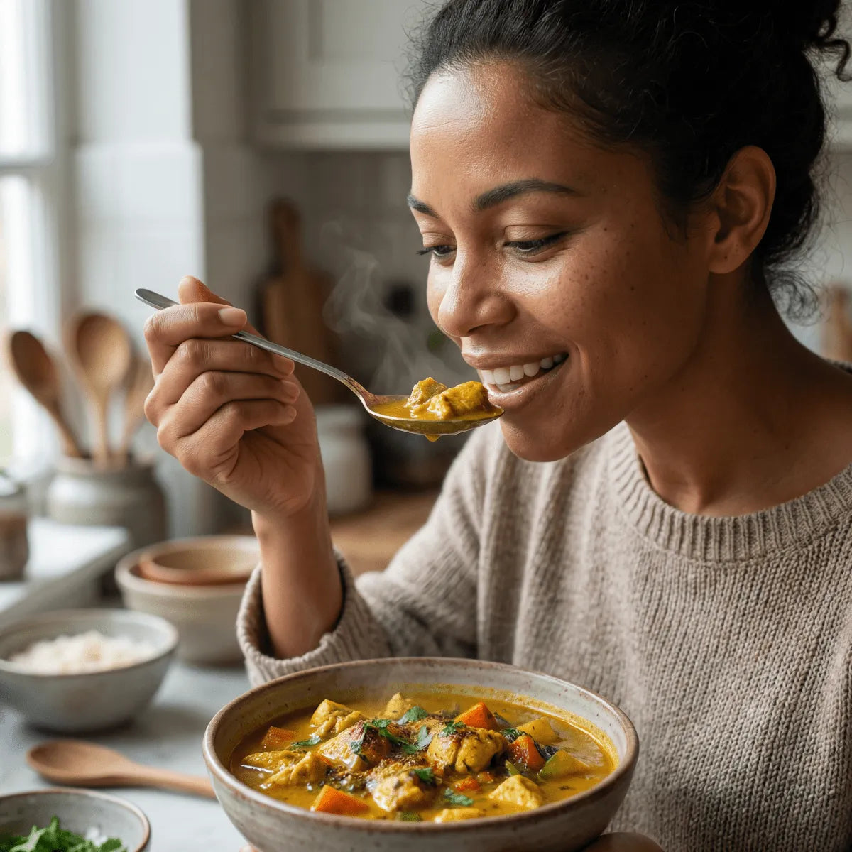 Femme dégustant un curry SAMIA. Bol de curry madras, fumant, avec poulet et légumes.