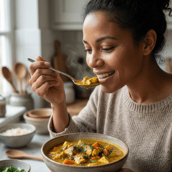 Femme dégustant un curry SAMIA. Bol de curry madras, fumant, avec poulet et légumes.