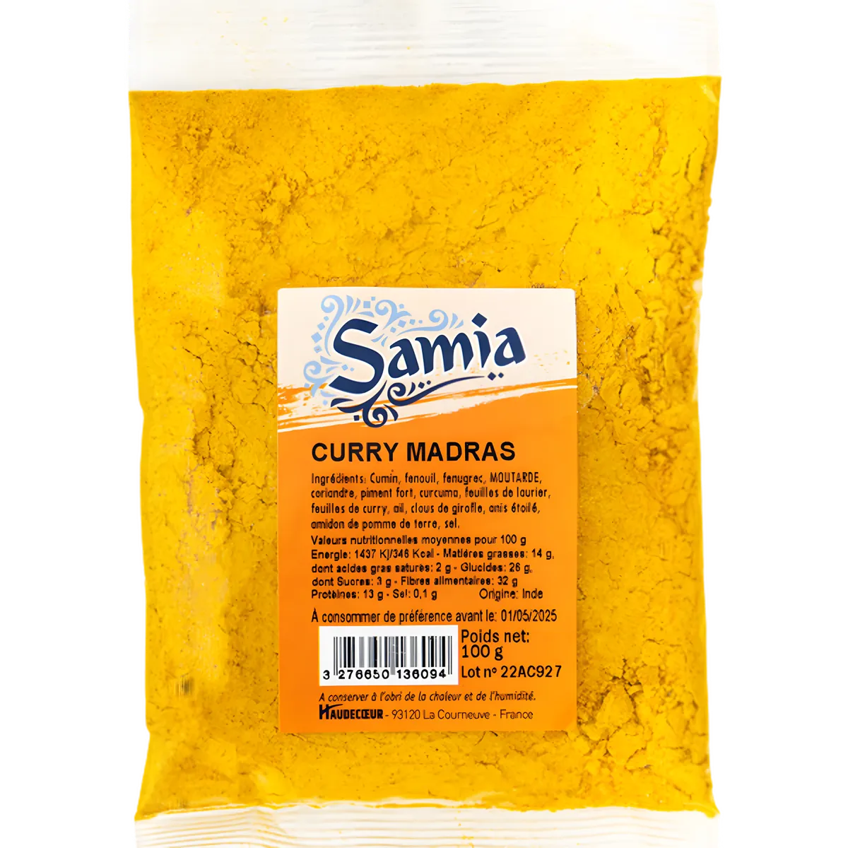 Curry Madras SAMIA - Épices Authentiques en sachet de 100g, mélange d'épices jaune pour cuisine savoureuse. Idéal pour plats exotiques et épicerie salée.