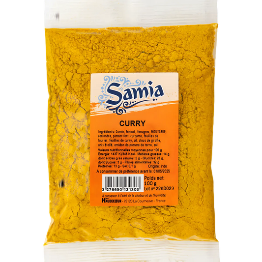 Curry SAMIA - Épices en Poudre | Saveur Aromatique, sachet de 100g d'épicerie salée, idéal pour assaisonner plats exotiques et recettes maison.