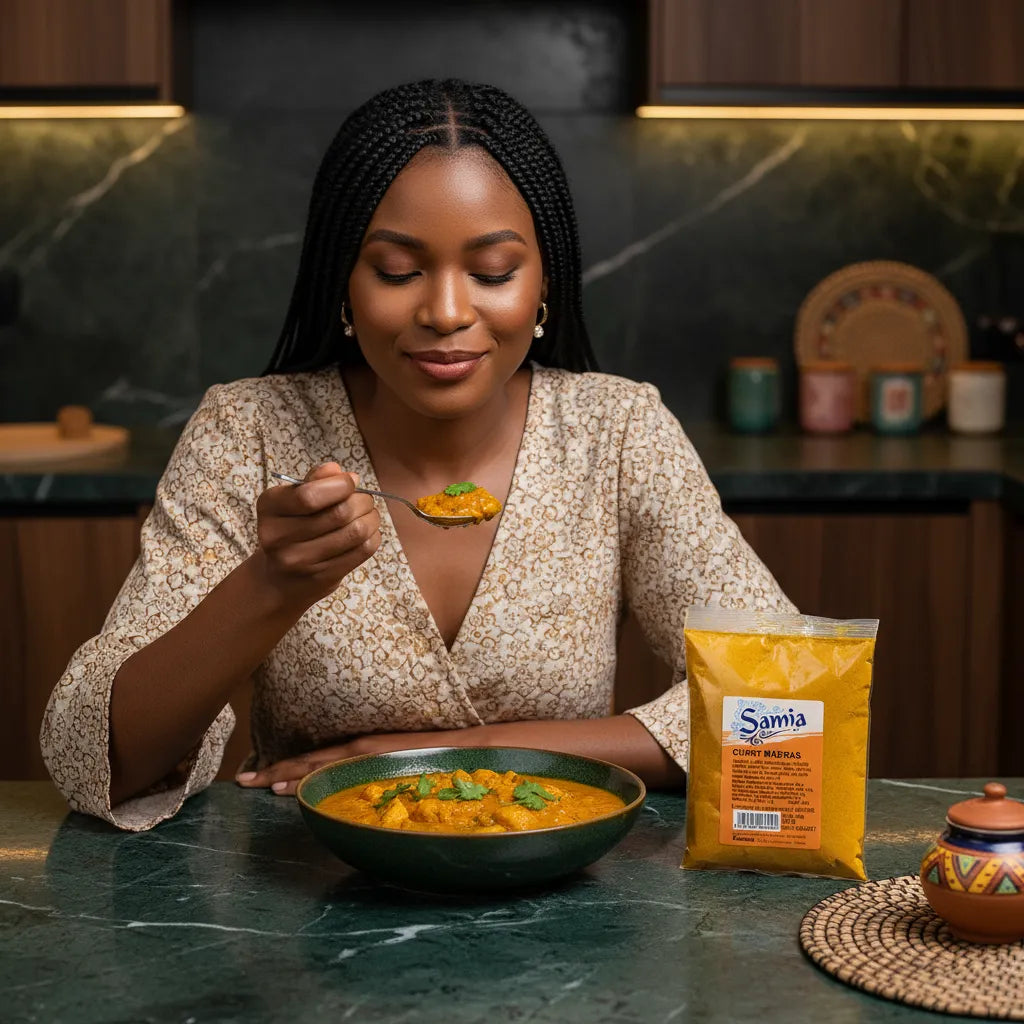 Femme dégustant un plat au curry préparé avec Curry Madras SAMIA - Épices Authentiques, parfait pour rehausser les recettes maison.