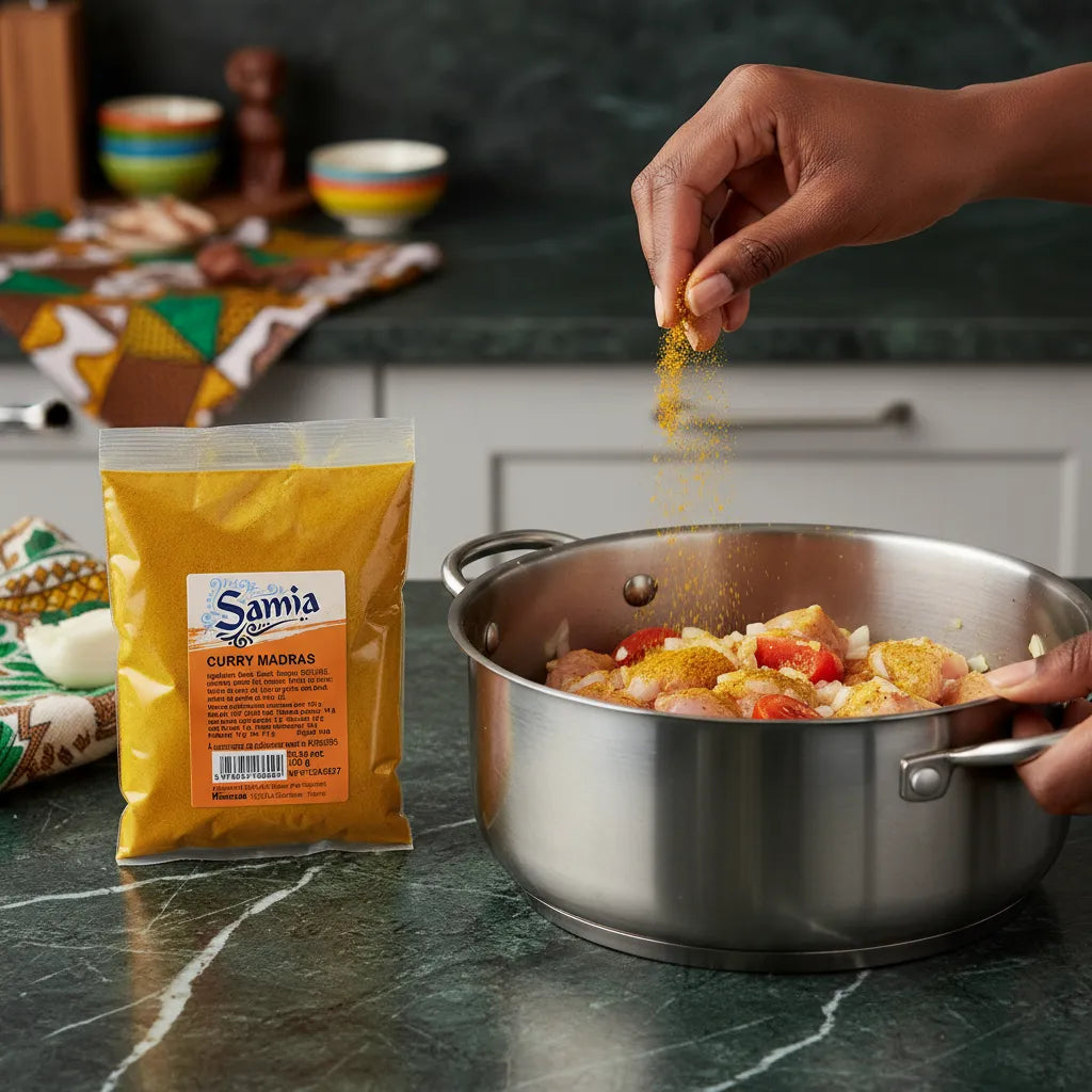 Main saupoudrant Curry Madras SAMIA - Épices Authentiques dans une marmite, idéal pour assaisonner viandes et plats mijotés.