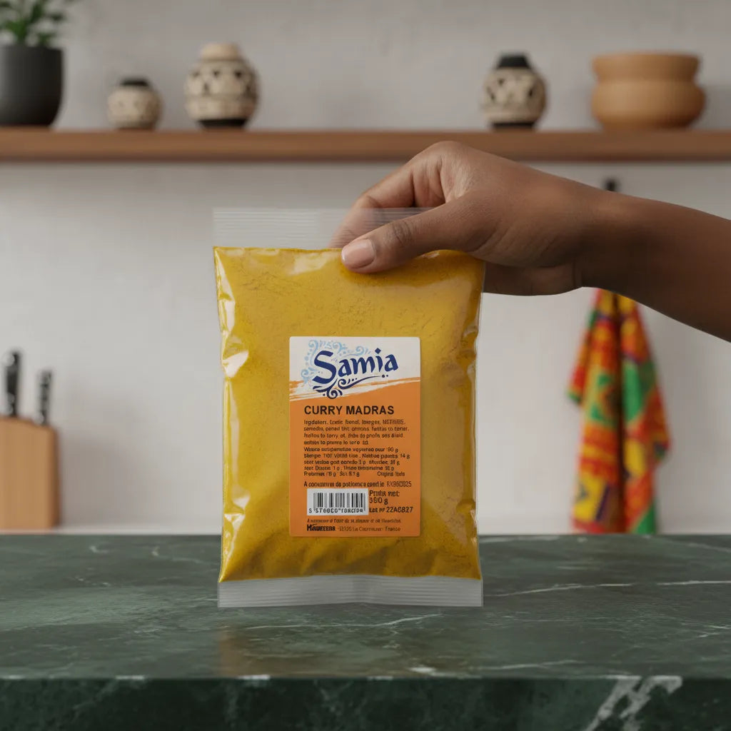 Main tenant un sachet de Curry Madras SAMIA - Épices Authentiques, format 100g, parfait pour épicerie salée et cuisine du monde.