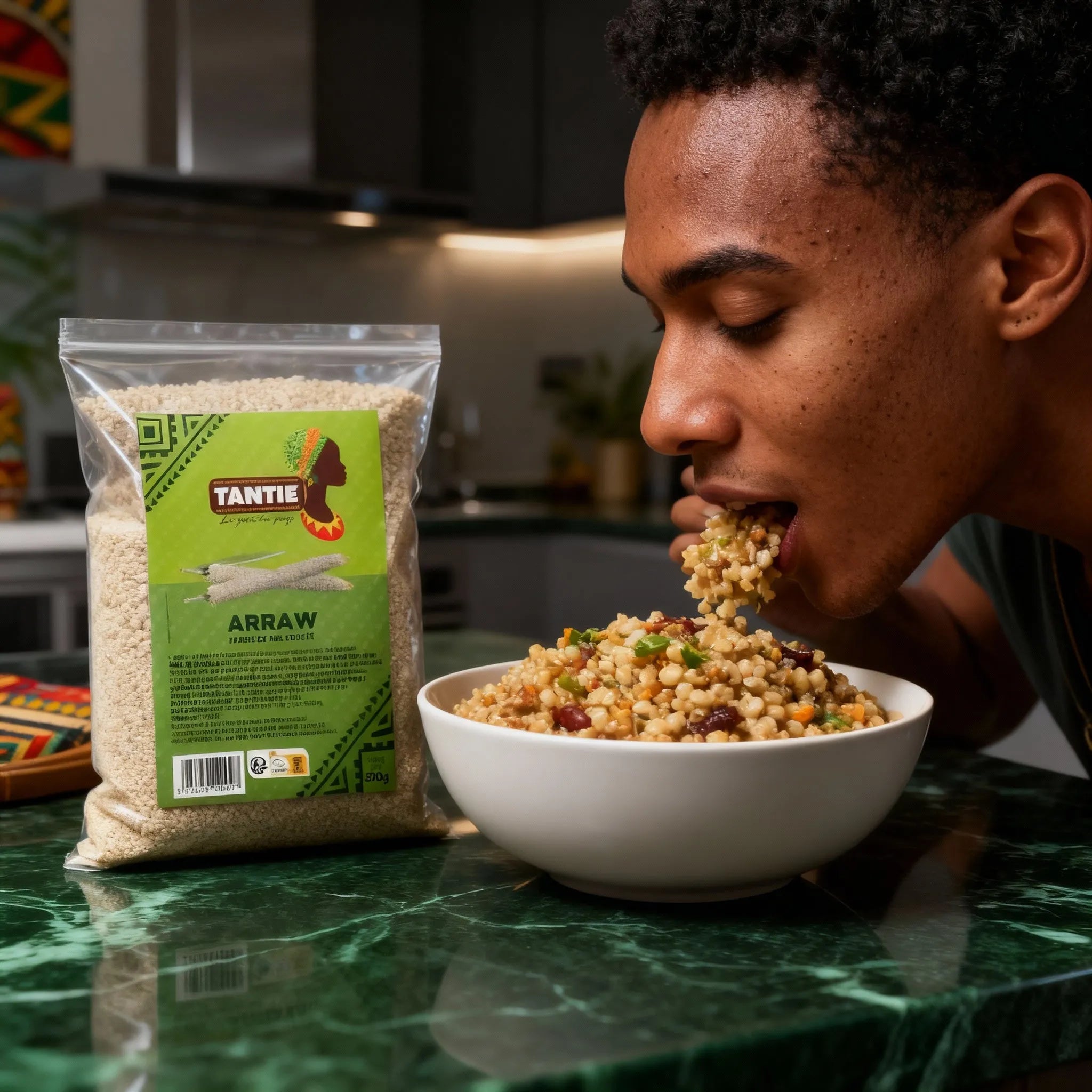 Arraw TANTIE dégusté dans un bol de Thiakry maison, mélange savoureux aromatique prêt en 5 minutes, idéal pour plats traditionnels.