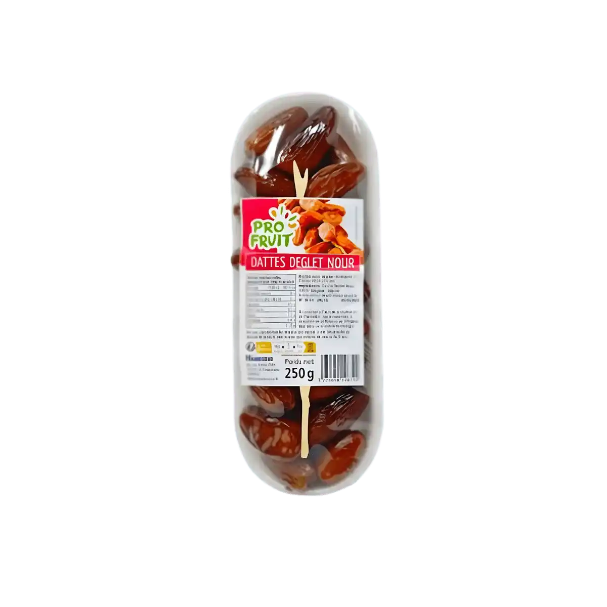 Barquette de 250g de dates séchées naturelles PROFRUIT Deglet Nour, emballée sous film plastique. Snack sucré sain et prêt à consommer.