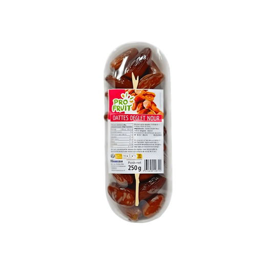 Barquette de 250g de dates PROFRUIT - FRUITS / LÉGUME / PLANTE SEC - NKOSI, avec étiquette nutritionnelle visible. Idéal pour la vente en ligne de fruits secs.