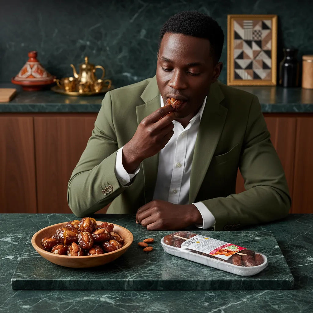 Homme dégustant des dates PROFRUIT Deglet Nour à table. Produit sain et savoureux, parfait pour une pause gourmande équilibrée.