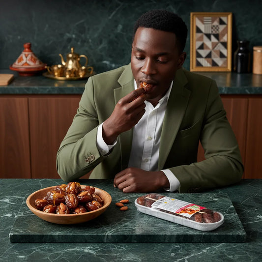 Homme dégustant des dates PROFRUIT Deglet Nour à table. Produit sain et savoureux, parfait pour une pause gourmande équilibrée.