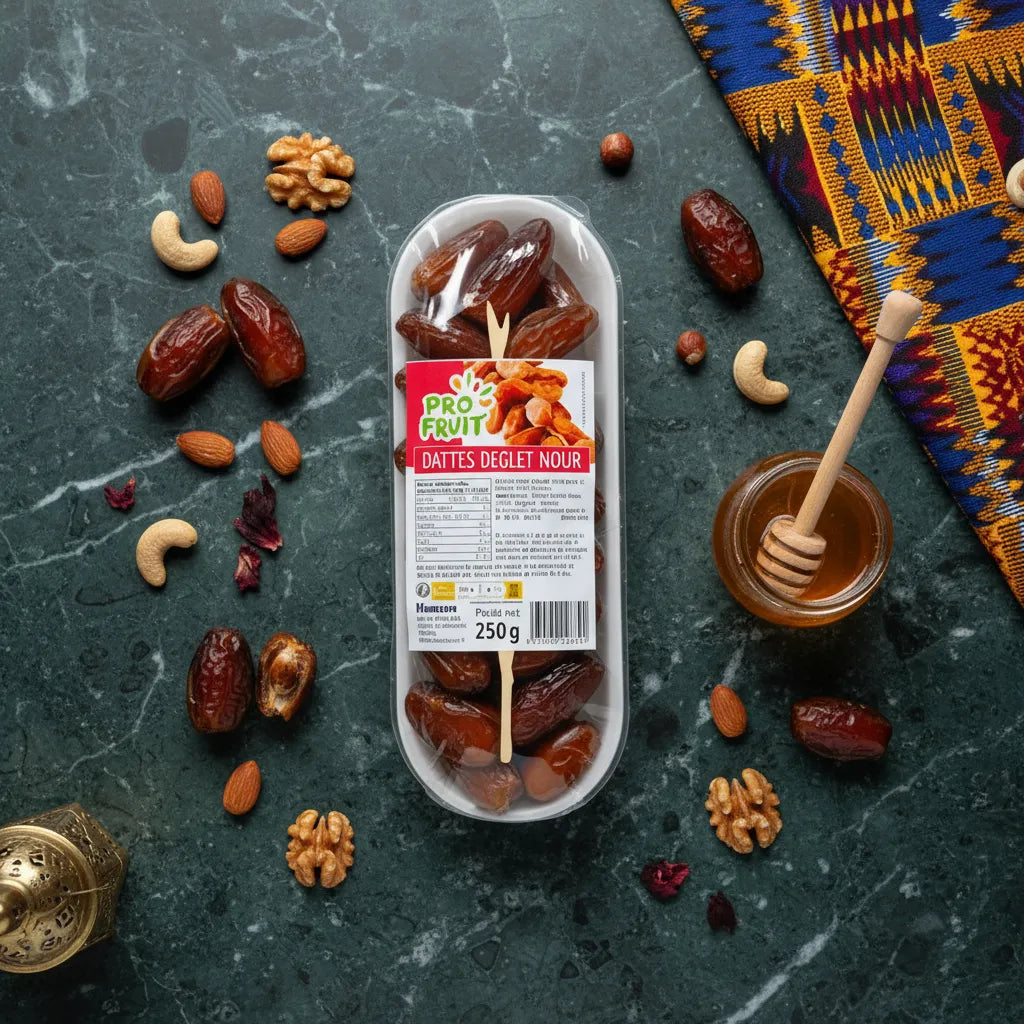 Dates PROFRUIT Deglet Nour entourées de fruits secs et miel sur table en marbre. Snack sucré naturel pour enrichir vos plats.