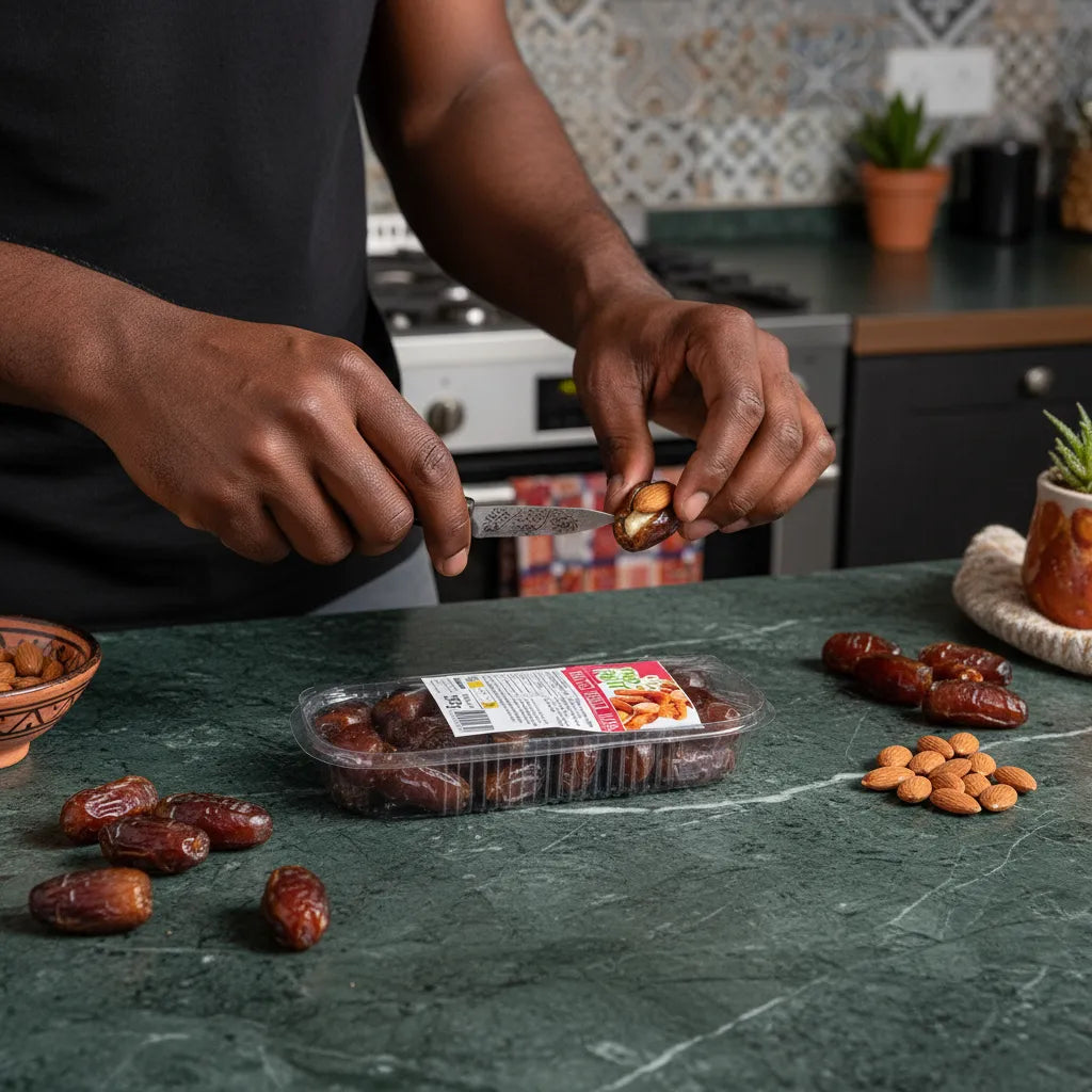 Préparation de dates PROFRUIT Deglet Nour en cuisine, avec amandes et fruits secs. Idéal pour un encas sain ou une recette gourmande.