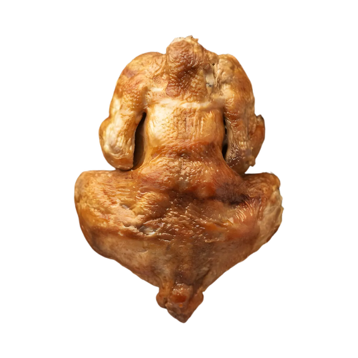 Découpe de coq fumé entière présentée sur fond neutre, mettant en valeur la texture dorée et fumée de la volaille - VOLAILLE - NKOSI.