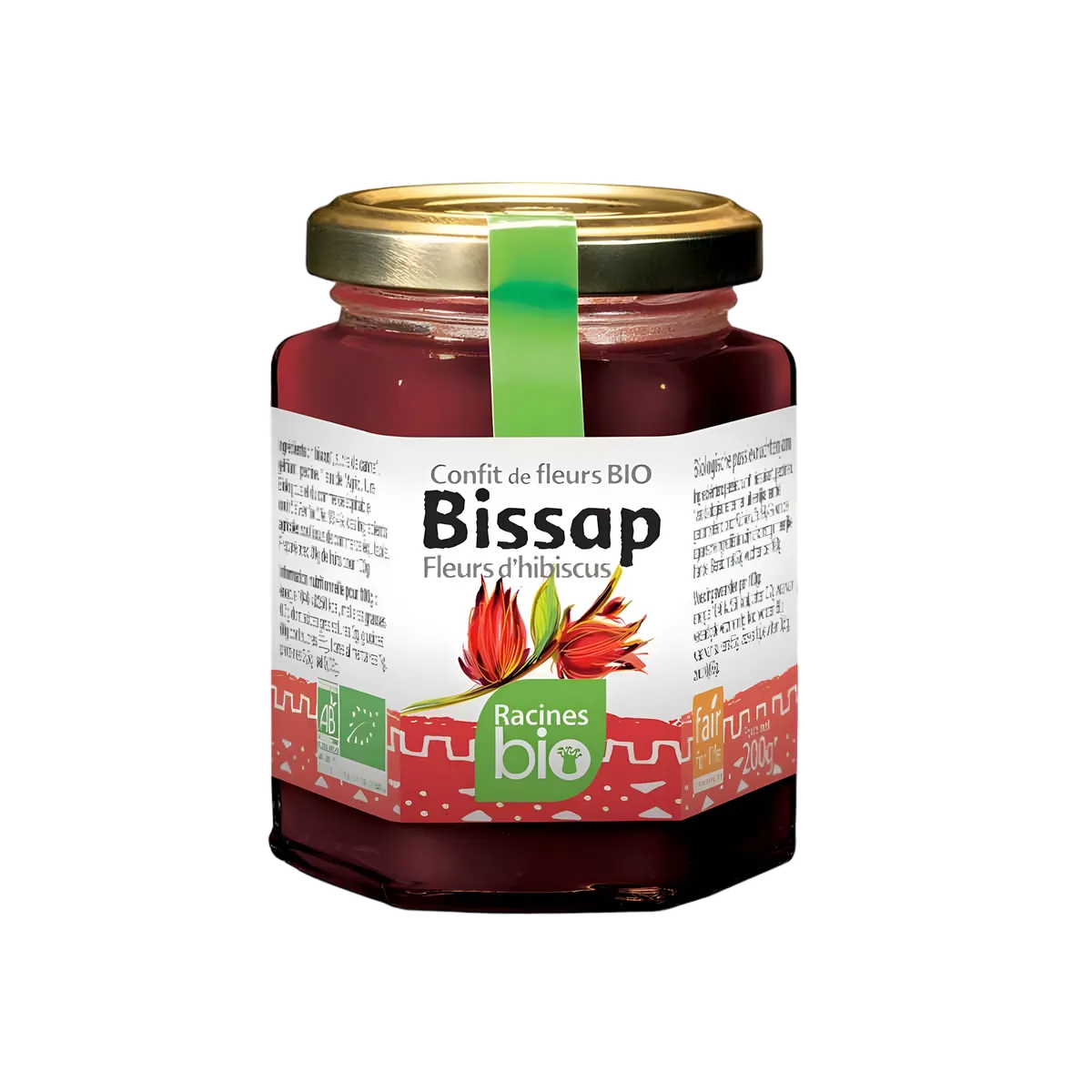 Délice Hibiscus BIO RACINES en pot hexagonal de 200g, confit de fleurs d’hibiscus bio au goût unique, étiquette verte et rouge.