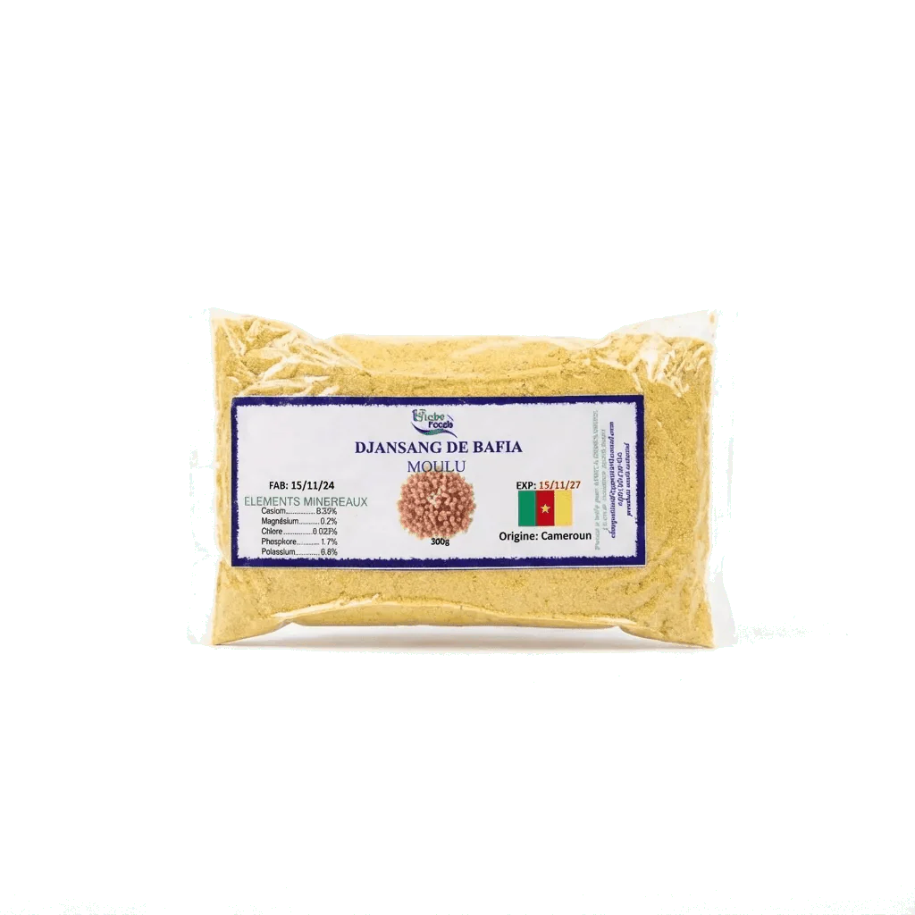 Sachet Djansang de Bafia moulu Globe Foods, en-cas sain et nutritif, origine Cameroun.