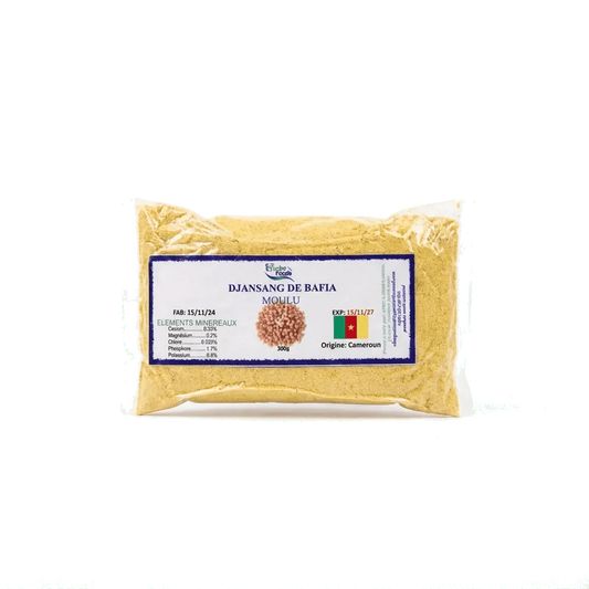 Sachet Djansang de Bafia moulu Globe Foods, en-cas sain et nutritif, origine Cameroun.