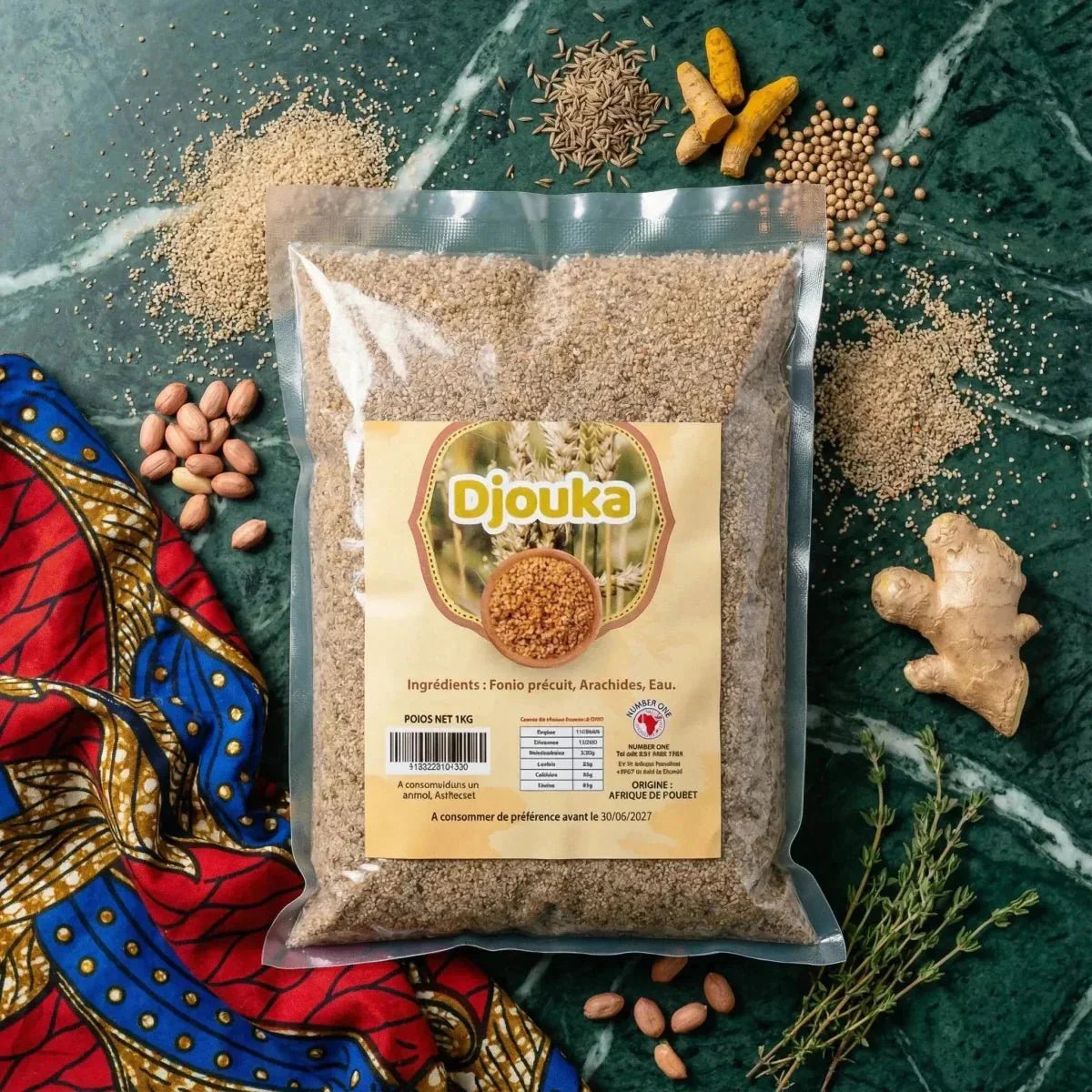 Djouka NUMBER ONE: pouch of precooked fonio, peanuts, and water, shown with ingredients.