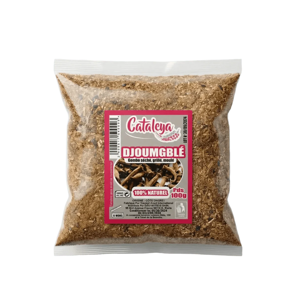Sachet de Djoumblé de la marque Cataleya. L'emballage contient des gombos séchés, grillés et moulus.