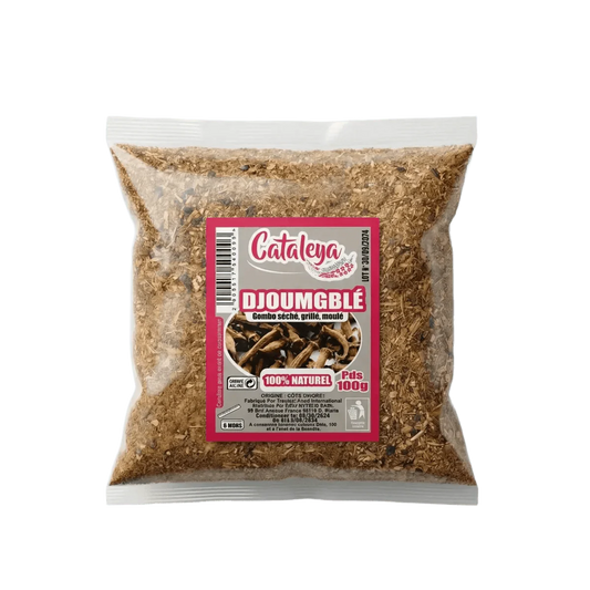 Sachet de Djoumblé de la marque Cataleya. L'emballage contient des gombos séchés, grillés et moulus.