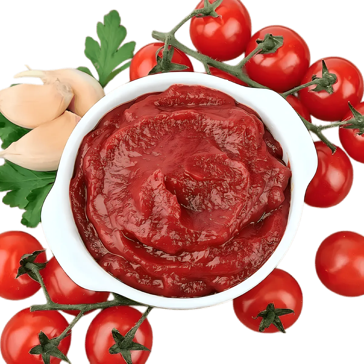 Bol de double concentré de tomate entouré de tomates cerises, ail et persil. Ingrédient essentiel pour recettes savoureuses en épicerie salée.