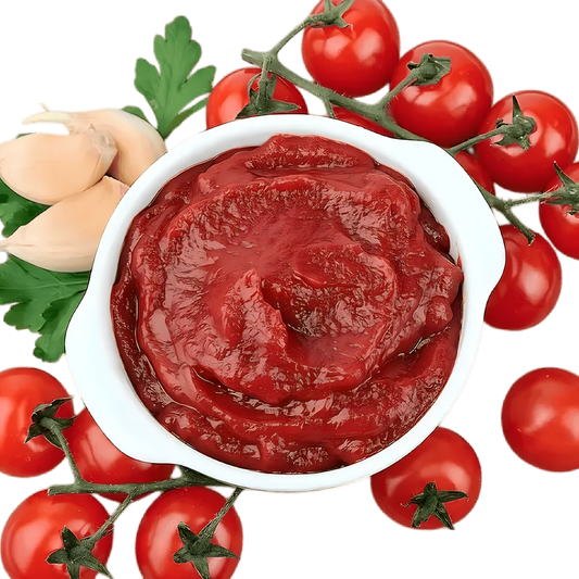 Bol de double concentré de tomate entouré de tomates cerises, ail et persil. Ingrédient essentiel pour recettes savoureuses en épicerie salée.