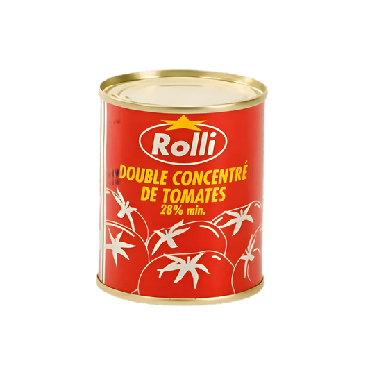 Boîte de double concentré de tomate ROLLI 28% min, idéale pour enrichir sauces et plats mijotés. Épicerie salée incontournable en cuisine.