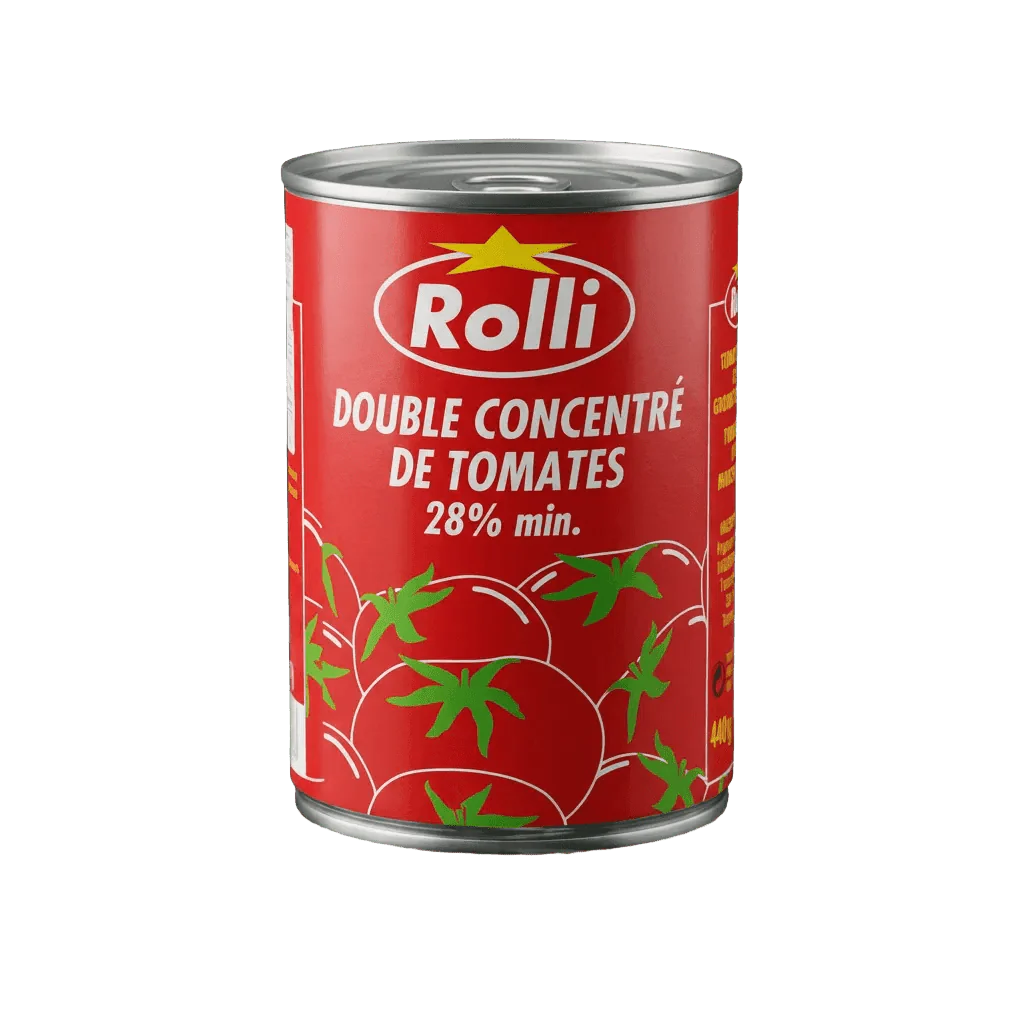Blik ROLLI dubbele tomatenconcentraat. Illustratie van tomaten op een rode achtergrond. 440g.