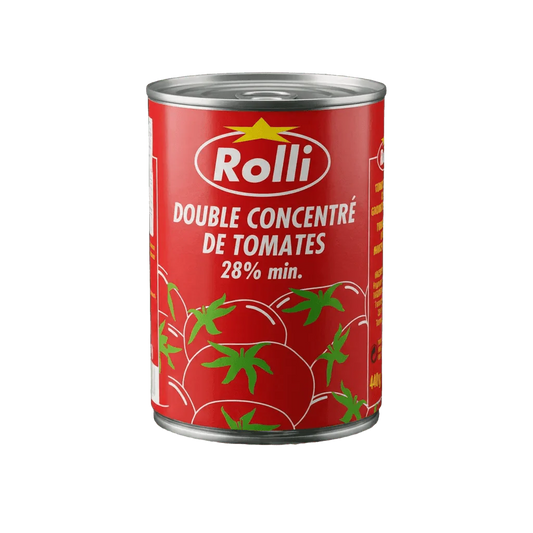 ROLLI Konservendose doppelt konzentrierte Tomaten. Abbildung von Tomaten auf rotem Hintergrund. 440g.