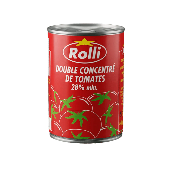 ROLII canned double concentrated tomato paste. Illustration of tomatoes on a red background. 440g.