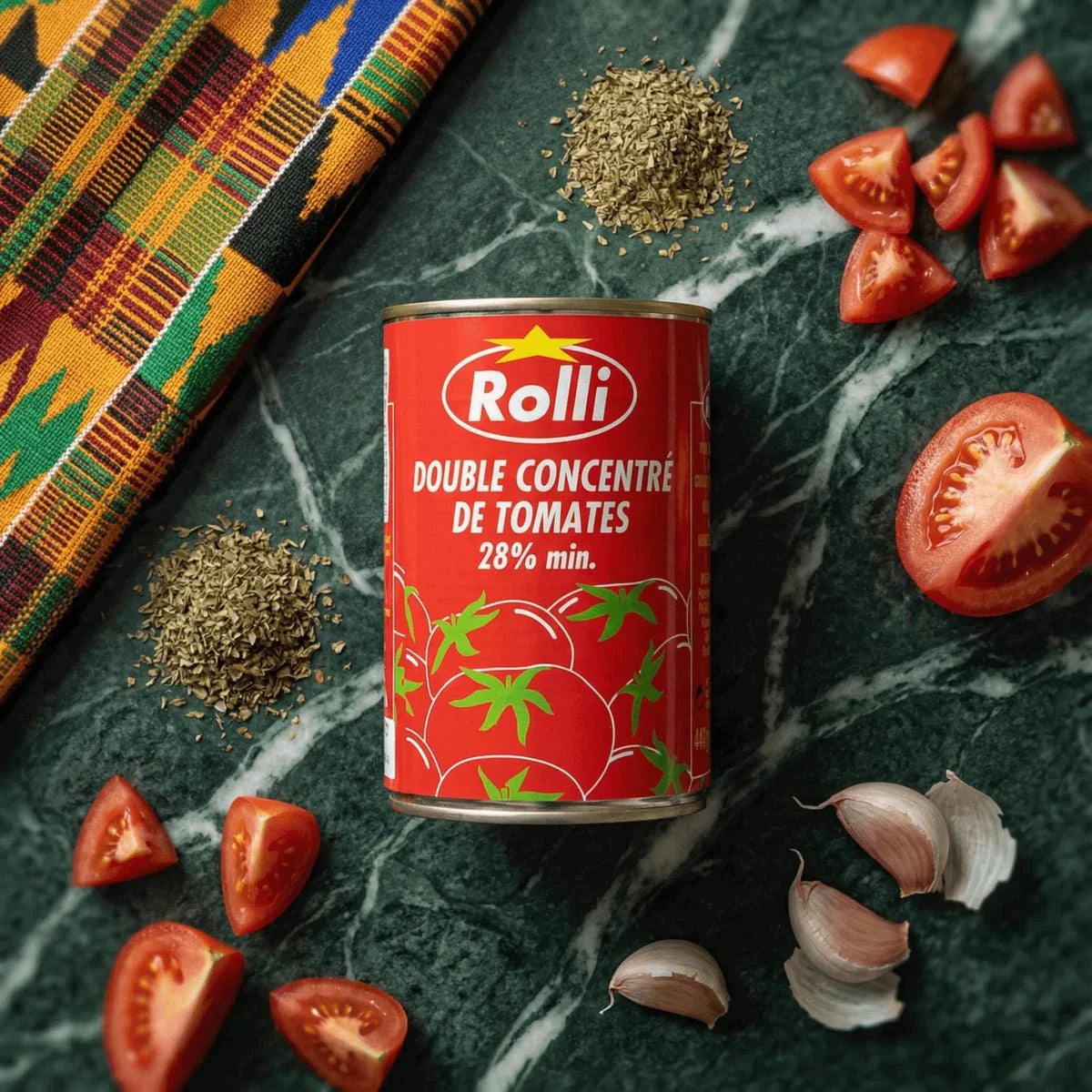 ROLII double tomato concentrate 440g on a marbled background, surrounded by fresh tomatoes and herbs.