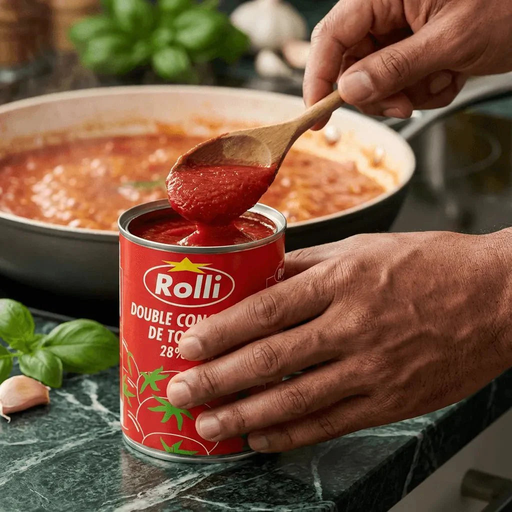 ROLLO double tomato concentrate poured into a cooking sauce. Fresh basil on the work surface.