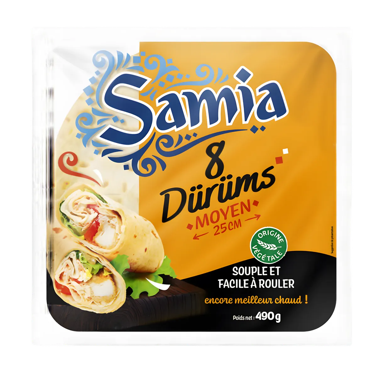 Emballage du Dürüm petit 8x25cm SAMIA, galette souple idéale pour wraps chauds ou froids. Produit d'épicerie salée multi-usage.