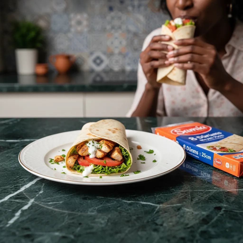 Wrap garni avec galette Dürüm petit 8x25cm SAMIA, prêt à déguster. Parfait pour repas rapides et équilibrés en épicerie salée.