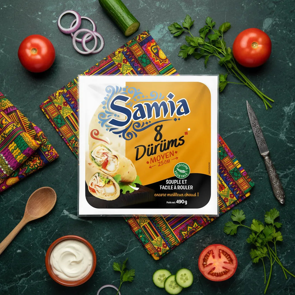 Galette Dürüm petit 8x25cm SAMIA présentée avec légumes frais. Produit souple et facile à rouler pour wraps maison savoureux.