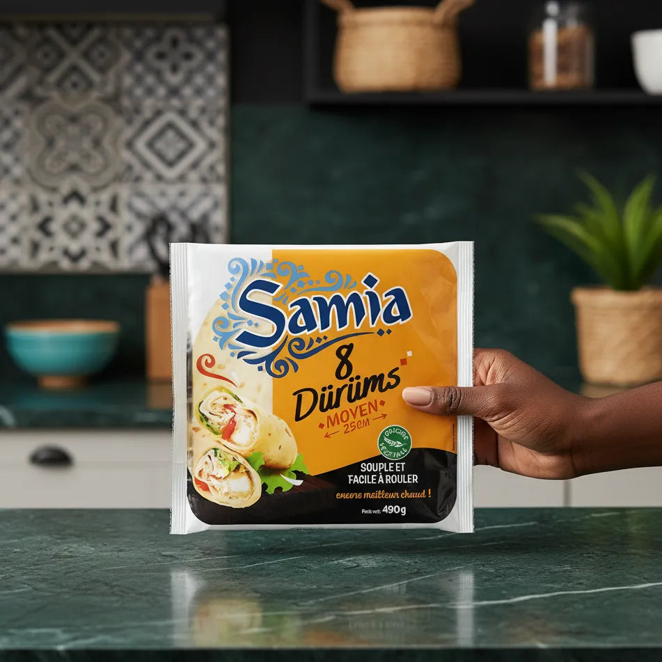 Main tenant un paquet de Dürüm petit 8x25cm SAMIA, galette souple pour wraps. Produit d'épicerie salée pratique et polyvalent.