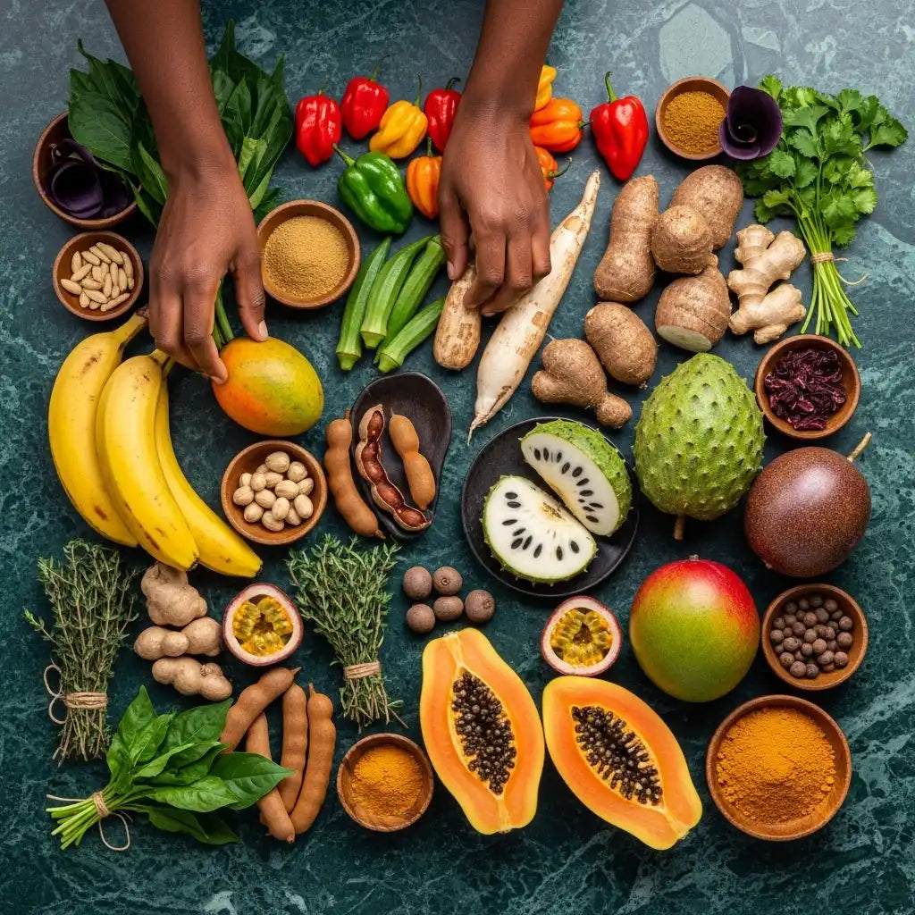 Un assortiment vif de fruits tropicaux frais et d'épices.