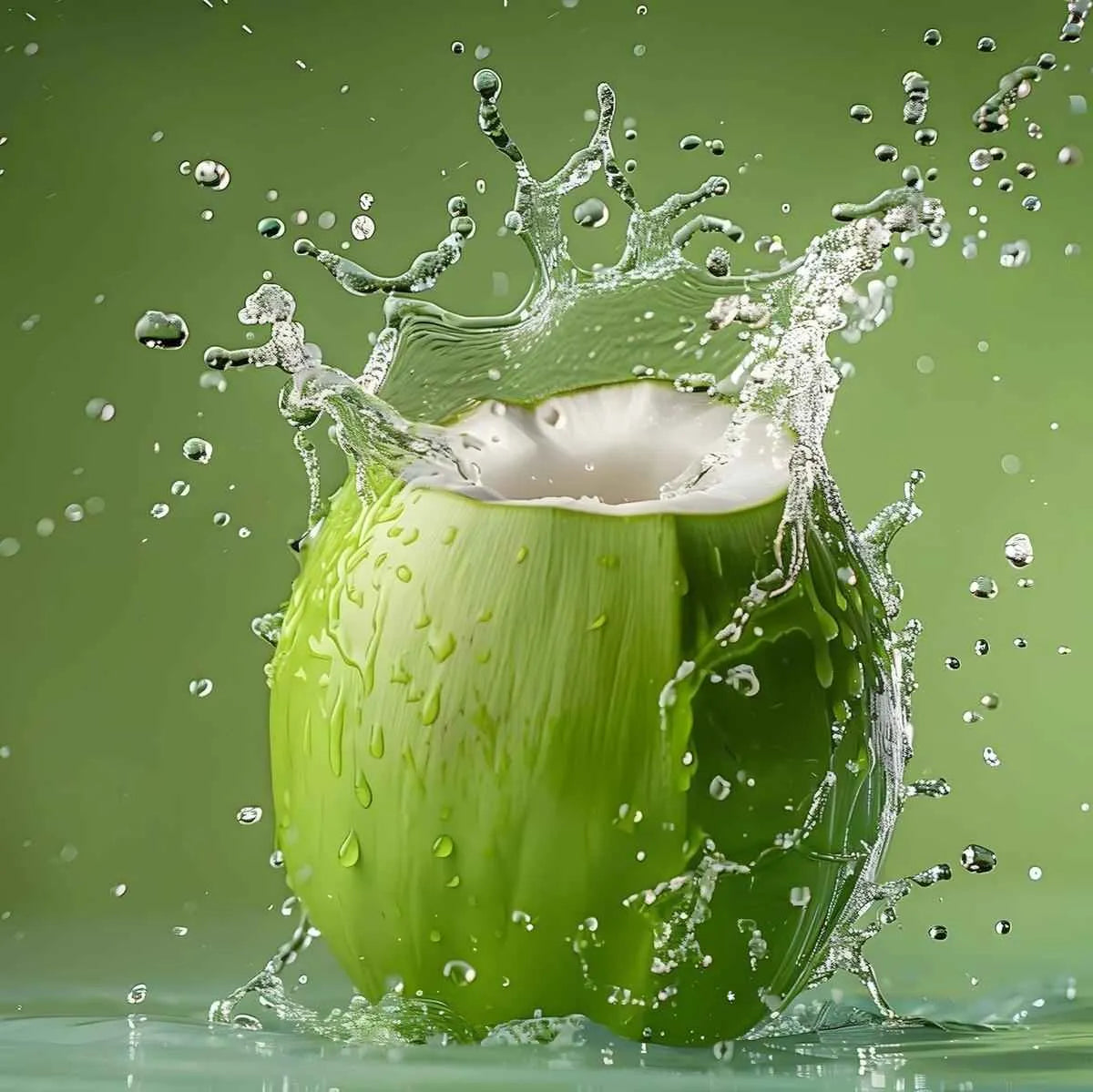 Noix de coco verte éclaboussée d'eau, illustrant la fraîcheur naturelle de la boisson coco pulpe GRACE sans conservateurs.