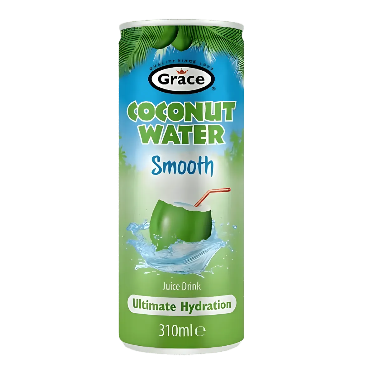 Boisson coco pulpe GRACE en canette de 310ml, eau de coco naturelle sans additif, idéale pour une hydratation tropicale rafraîchissante.