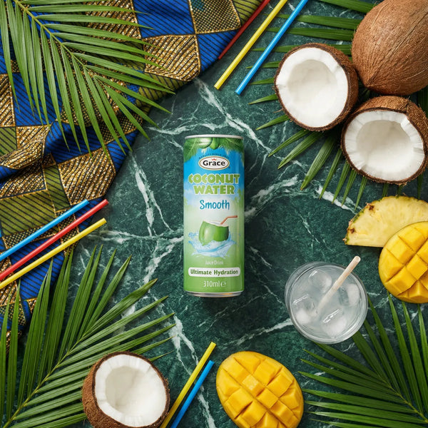 Boisson GRACE Eau de Coco Smooth (310mL) sur fond vert avec fruits tropicaux, noix de coco.
