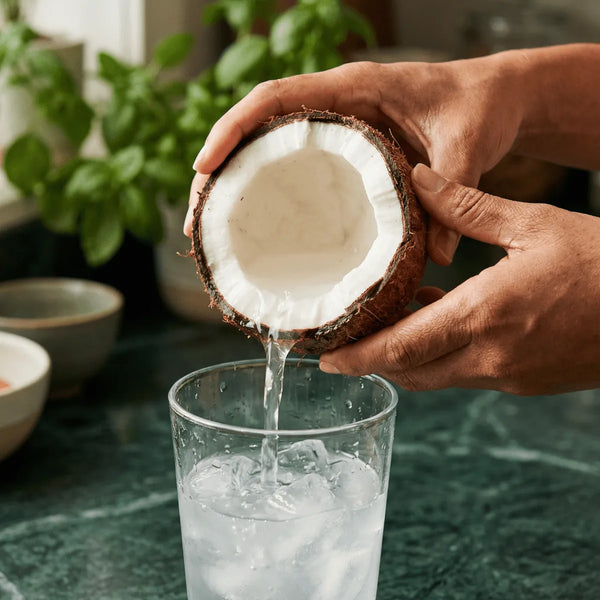 Eau de coco GRACE versée d'une noix de coco dans verre de glace.