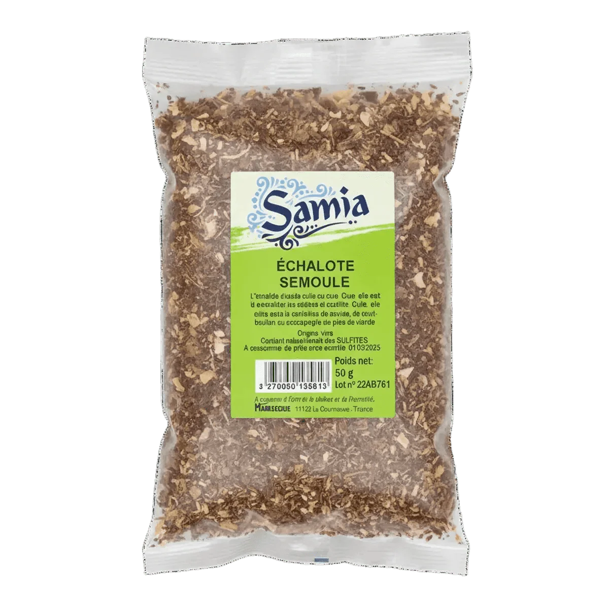 Sachet d'échalote semoule Samia, emballage transparent rempli, sur fond vert foncé uni.