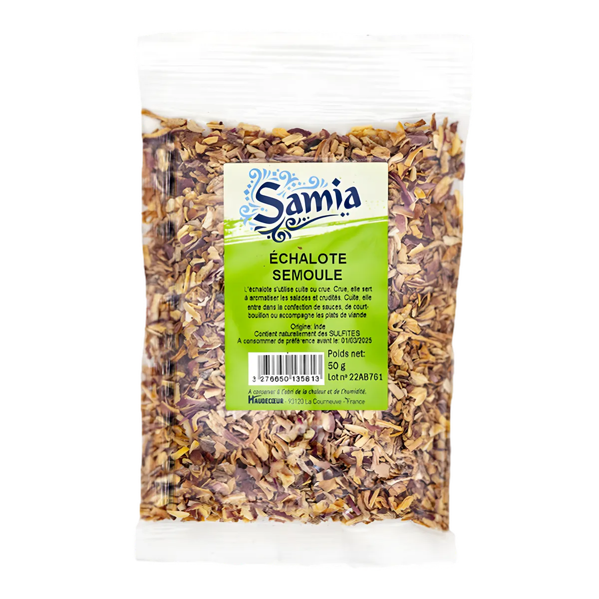 Echalote SAMIA - échalote séchée en semoule dans un sachet transparent, idéale pour sauces et plats mijotés. Épicerie salée pratique.