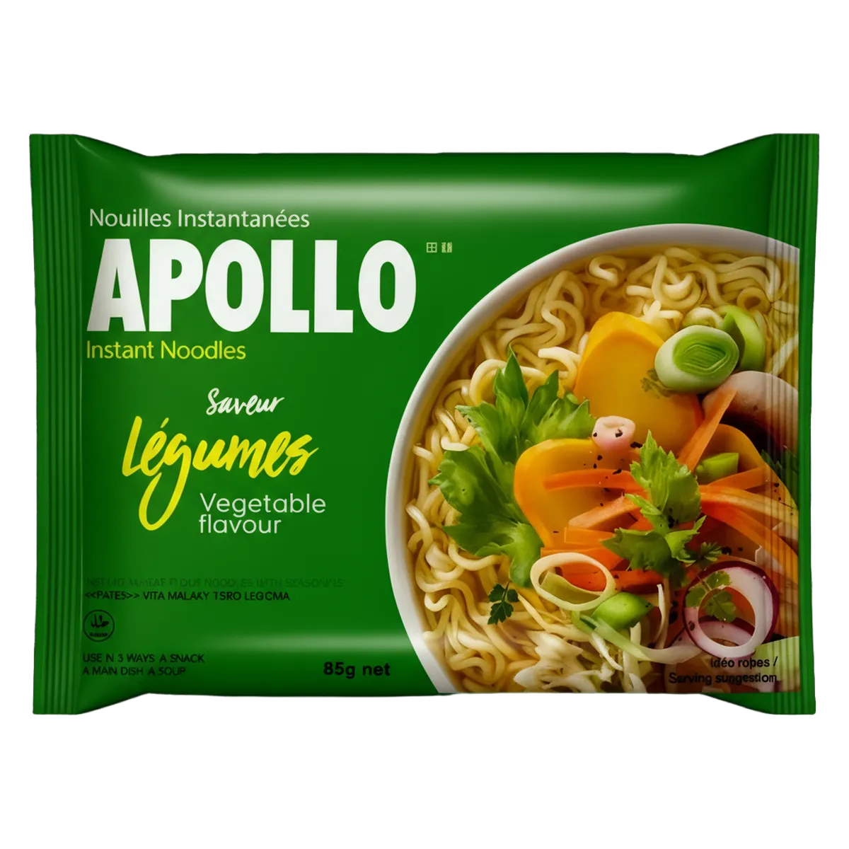 Nouilles légumes APOLLO - Recettes simples et rapides, emballage vert 85g avec visuel appétissant de nouilles et légumes déshydratés.