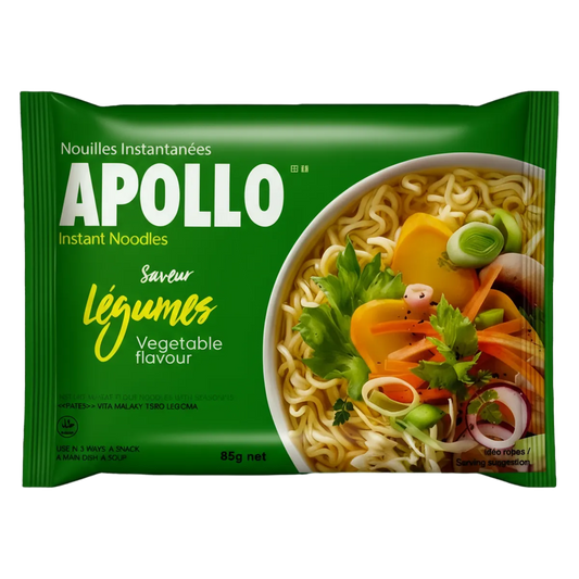 Nouilles légumes APOLLO - Recettes simples et rapides, emballage vert 85g avec visuel appétissant de nouilles et légumes déshydratés.