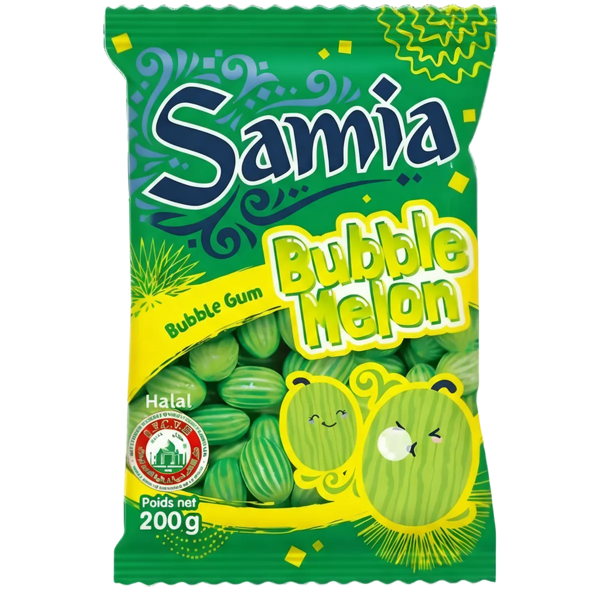 Bonbons Melon Halal SAMIA - Saveur Fruitée en sachet de 200g, confiserie verte à rayures, certifiée halal pour épicerie sucrée.