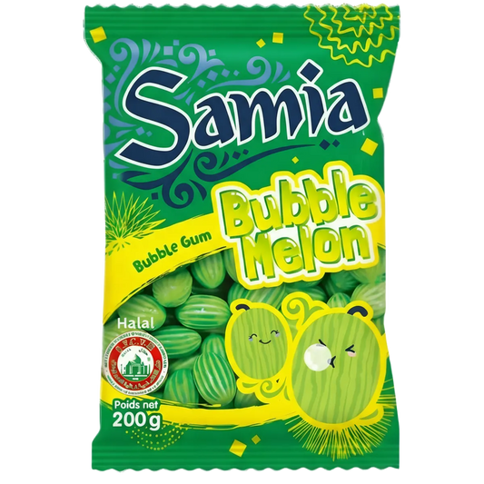 Bonbons Melon Halal SAMIA - Saveur Fruitée en sachet de 200g, confiserie verte à rayures, certifiée halal pour épicerie sucrée.