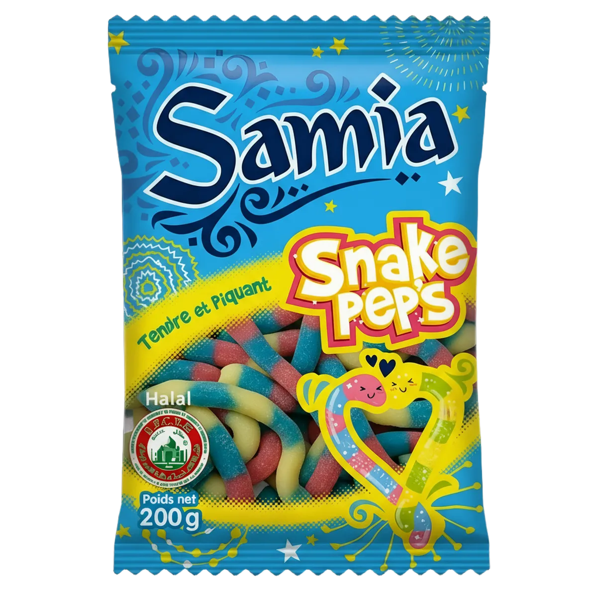 Bonbons halal Samia Snake Pep's 200g, friandises gélifiées en forme de serpent, tendres et fruitées, emballage bleu vif pour épicerie sucrée.