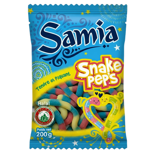 Bonbons halal Samia Snake Pep's 200g, friandises gélifiées en forme de serpent, tendres et fruitées, emballage bleu vif pour épicerie sucrée.
