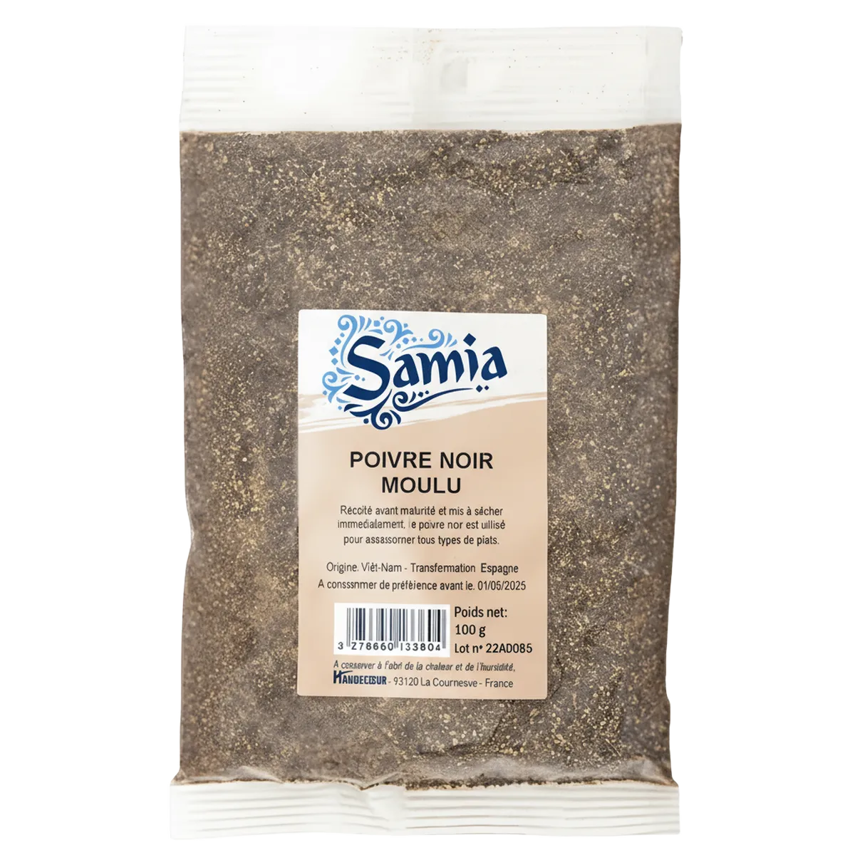Poivre noir moulu SAMIA en sachet de 100g, épicerie salée pour cuisine savoureuse. Idéal pour assaisonner viandes, légumes et sauces.