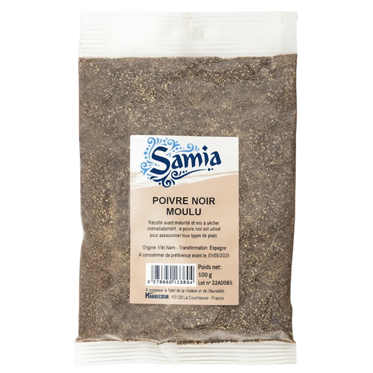 Poivre noir moulu SAMIA en sachet de 100g, épicerie salée pour cuisine savoureuse. Idéal pour assaisonner viandes, légumes et sauces.