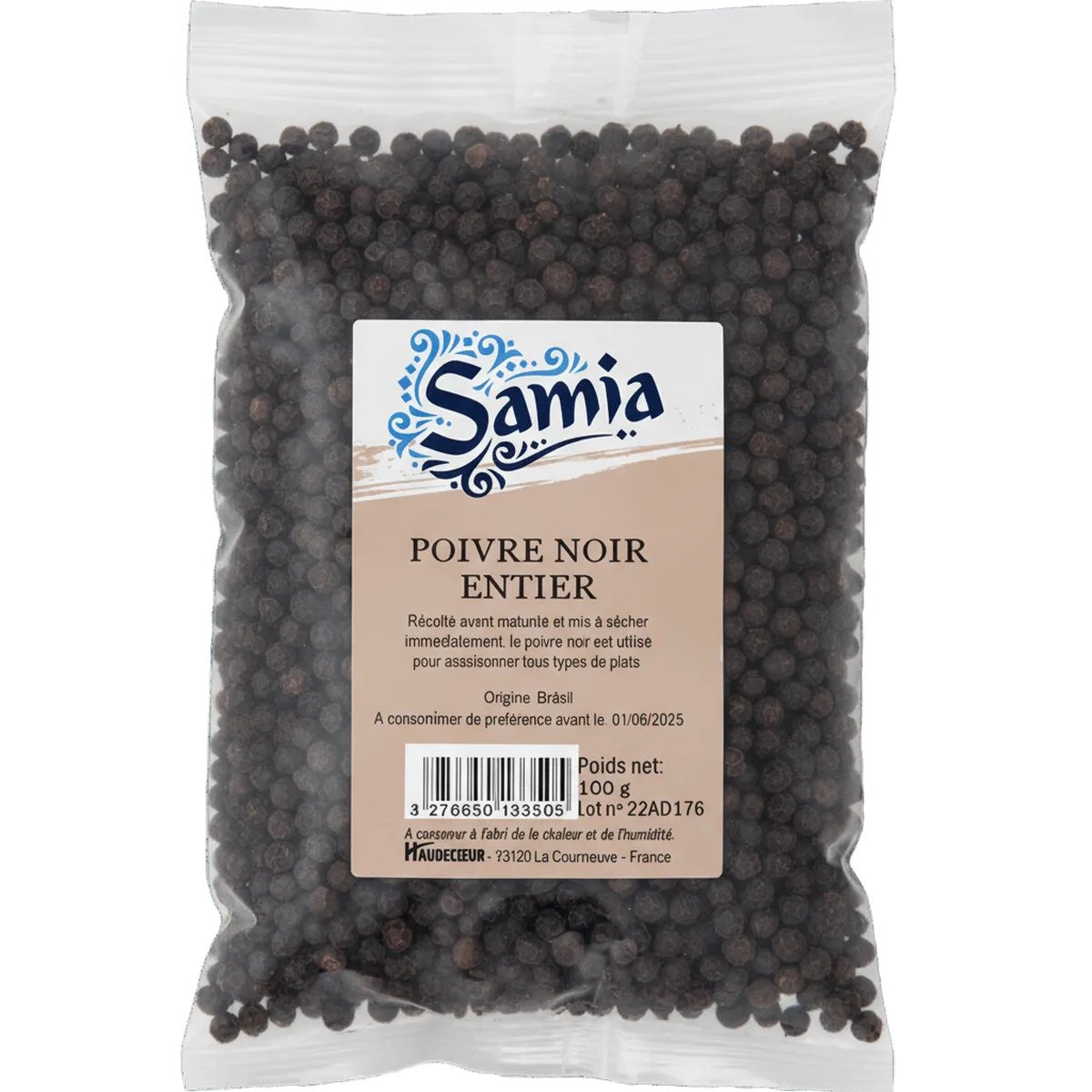 Poivre noir entier SAMIA en sachet de 100g, épice essentielle pour assaisonner tous types de plats salés. Origine Brésil, qualité épicerie fine.